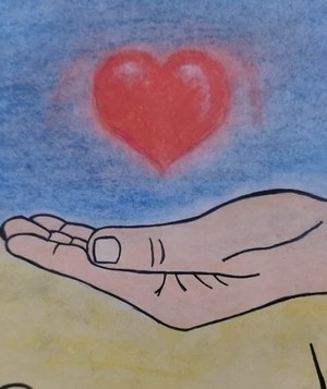 the graphic depicts an open hand and a heart symbol above it