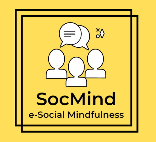 the graphic shows the logo of the socmind project - on a yellow background, a black square frame and in it images of human heads and speech bubbles of discussion
